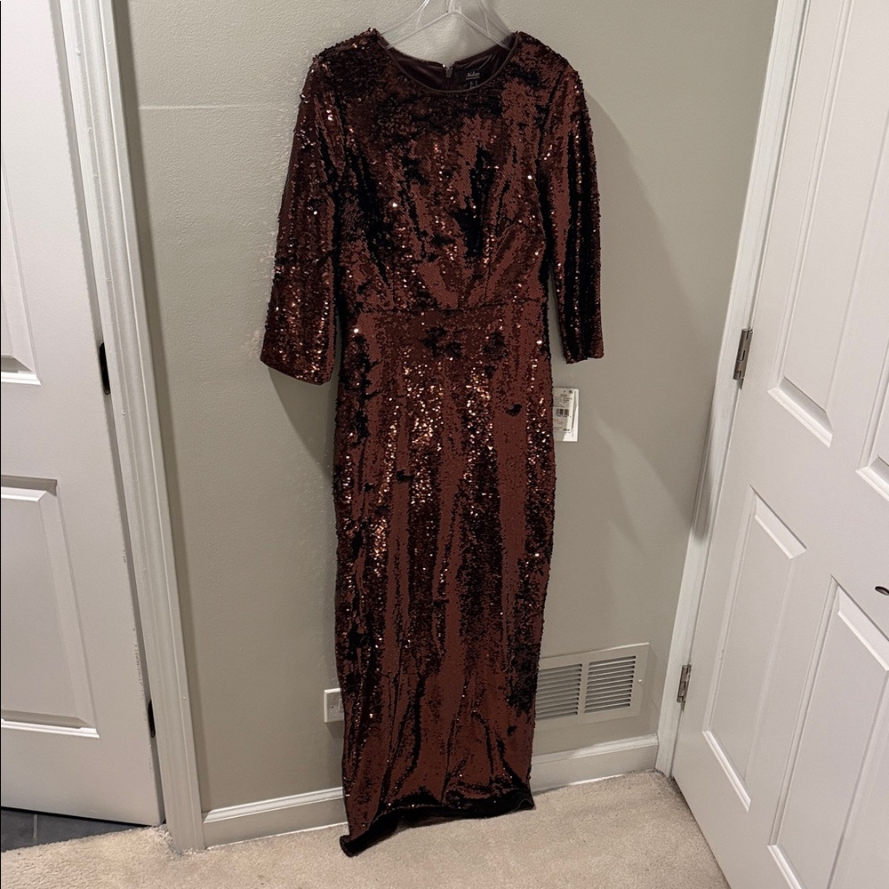 Aidan Mattox Sequin Long Sleeve Dress in Deep Brown